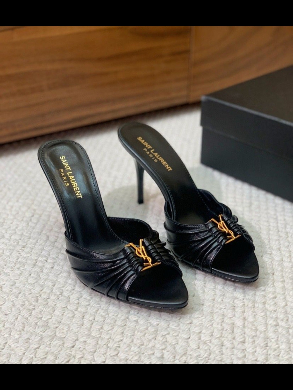 Yves Saint Laurent Black Pointed Toe Mules with Gold YSL Logo - Picture 3 of 4